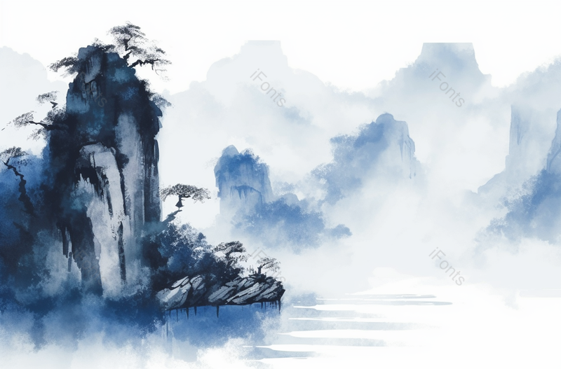 中式蓝色水墨风格山水画云雾山峰树木和水面上的倒影,插画/手绘图,插画/手绘图库,插画/手绘图下载,插画/手绘